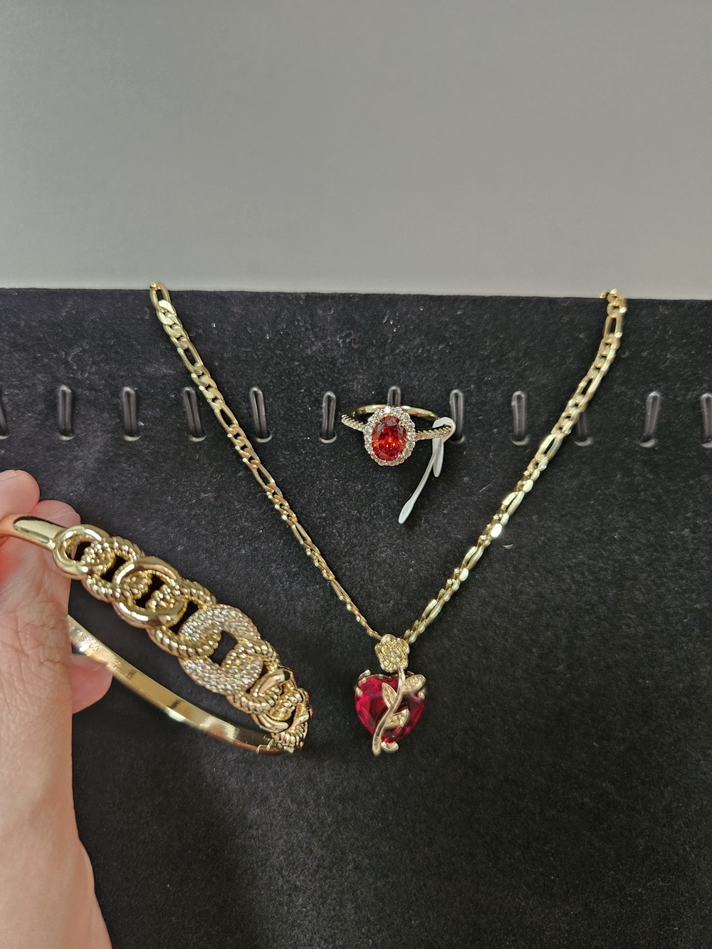 Gold Filled Red Heart Pendant Necklace Brazalet and Ring Set